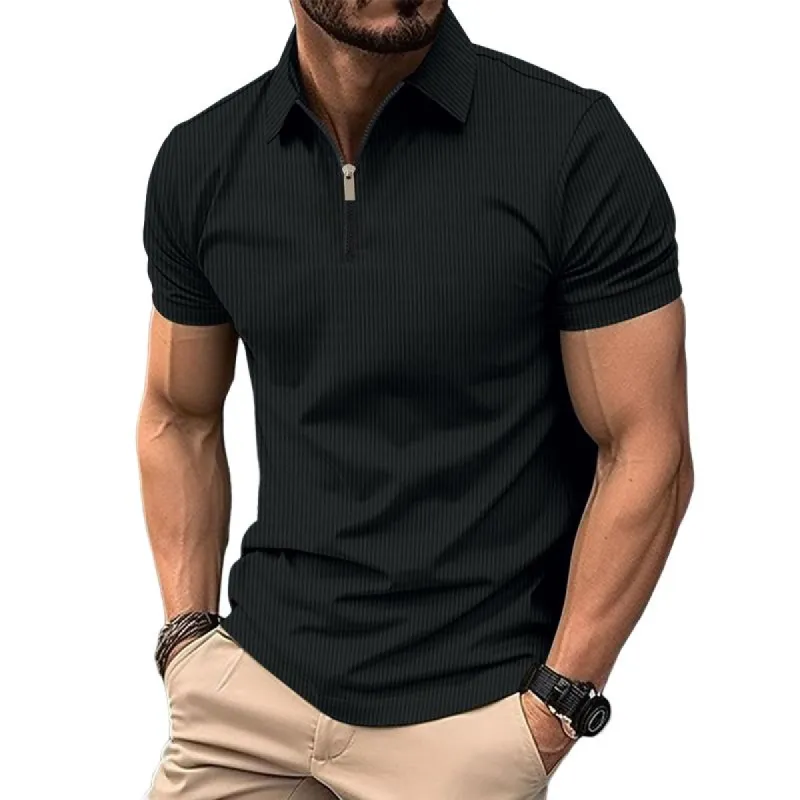 Men's Lapel Zipper Solid Color Short Sleeve POLO Shirt 13921869X sold by Manly