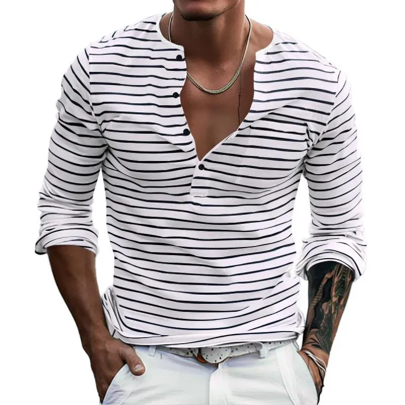 Men's Striped Henley Collar Long Sleeve Casual T-shirt 40512523Z sold by Manly