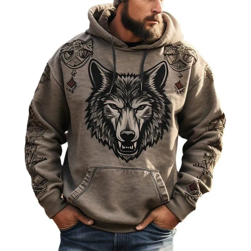 Men's Wolf Print Loose Sports Casual Hoodie 25310932Z sold by Manly