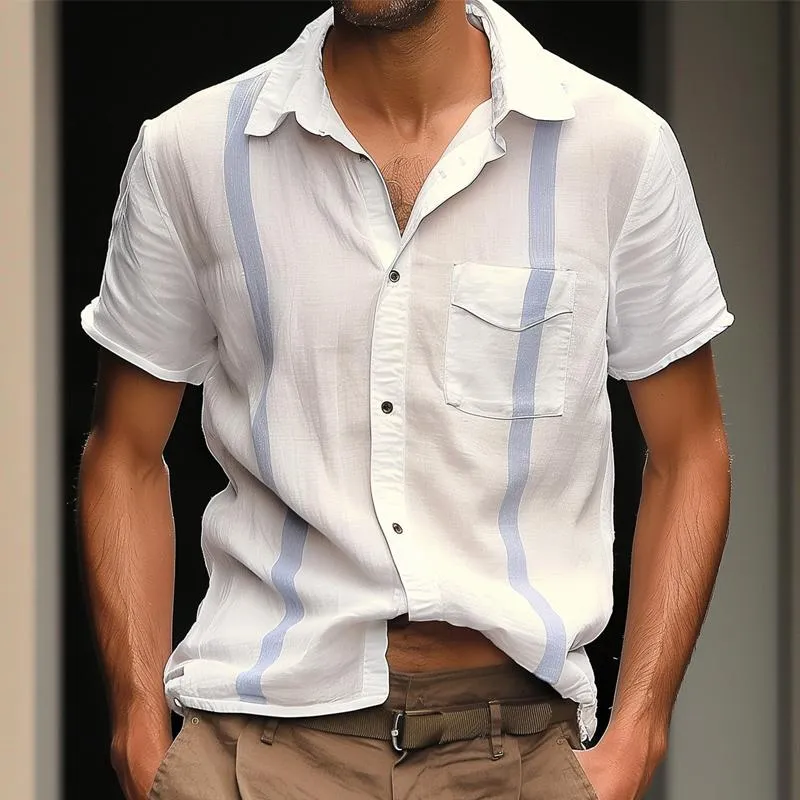 Men's Striped Decor Lapel Breast Pocket Short Sleeve Shirt 57216941Z sold by Manly product image thumbnail 2