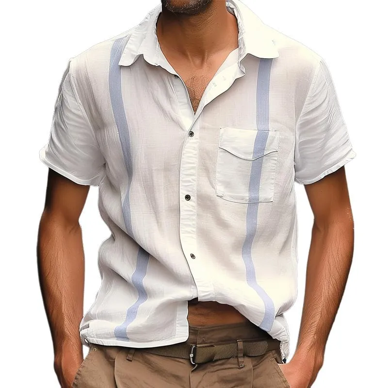 Men's Striped Decor Lapel Breast Pocket Short Sleeve Shirt 57216941Z sold by Manly