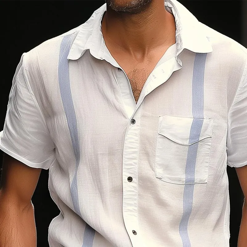 Men's Striped Decor Lapel Breast Pocket Short Sleeve Shirt 57216941Z sold by Manly product image thumbnail 3