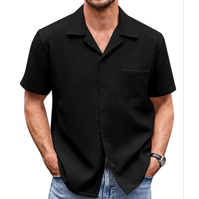 Men's Casual Lapel Solid Color Short Sleeve Waffle Shirt 88767872M sold by Manly product image thumbnail 4