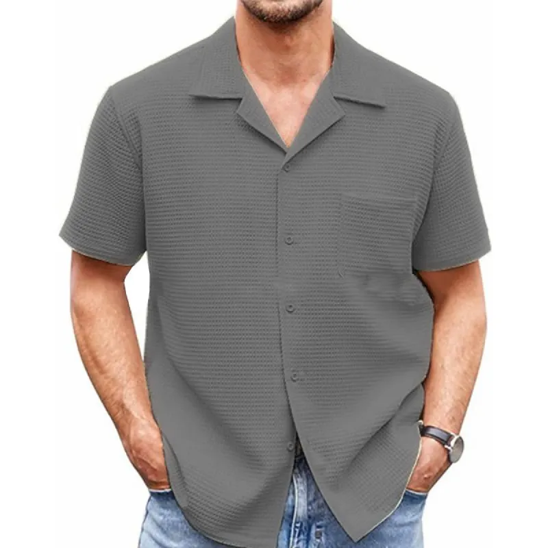 Men's Casual Lapel Solid Color Short Sleeve Waffle Shirt 88767872M sold by Manly