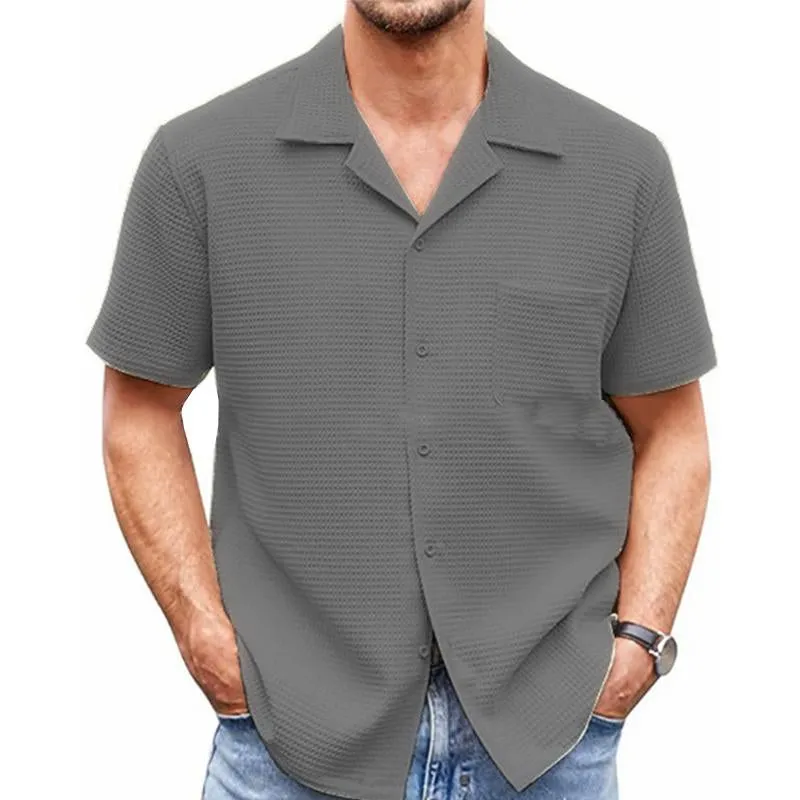 Men's Casual Lapel Solid Color Short Sleeve Waffle Shirt 88767872M sold by Manly