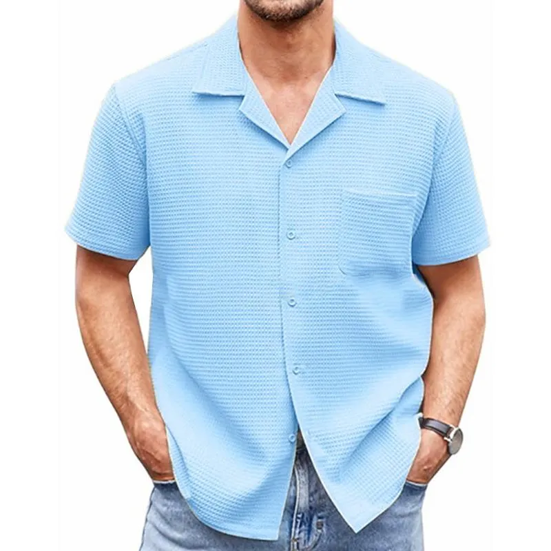 Men's Casual Lapel Solid Color Short Sleeve Waffle Shirt 88767872M sold by Manly product image thumbnail 5