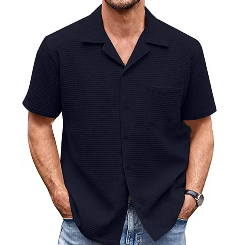 Men's Casual Lapel Solid Color Short Sleeve Waffle Shirt 88767872M sold by Manly product image thumbnail 2