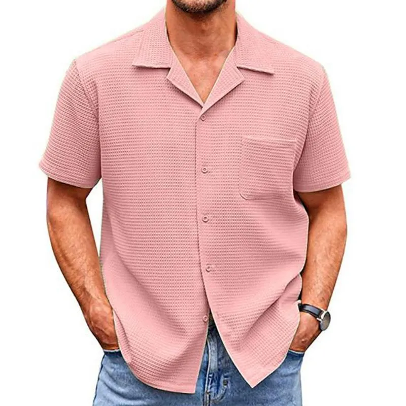 Men's Casual Lapel Solid Color Short Sleeve Waffle Shirt 88767872M sold by Manly product image thumbnail 3
