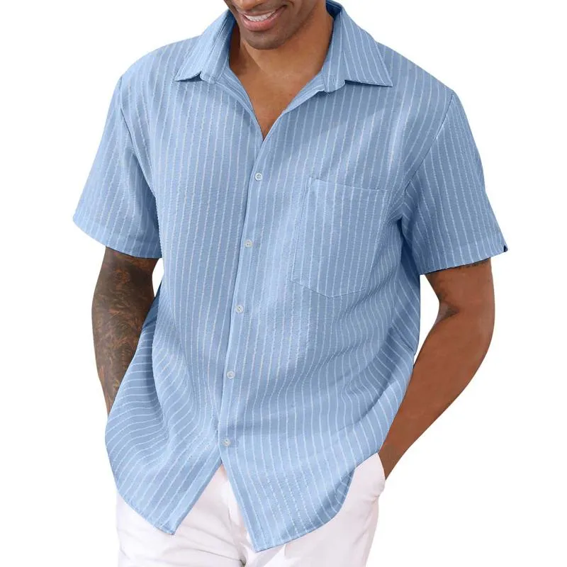 Men's Casual Striped Lapel Short Sleeve Shirt 16715565X sold by Manly