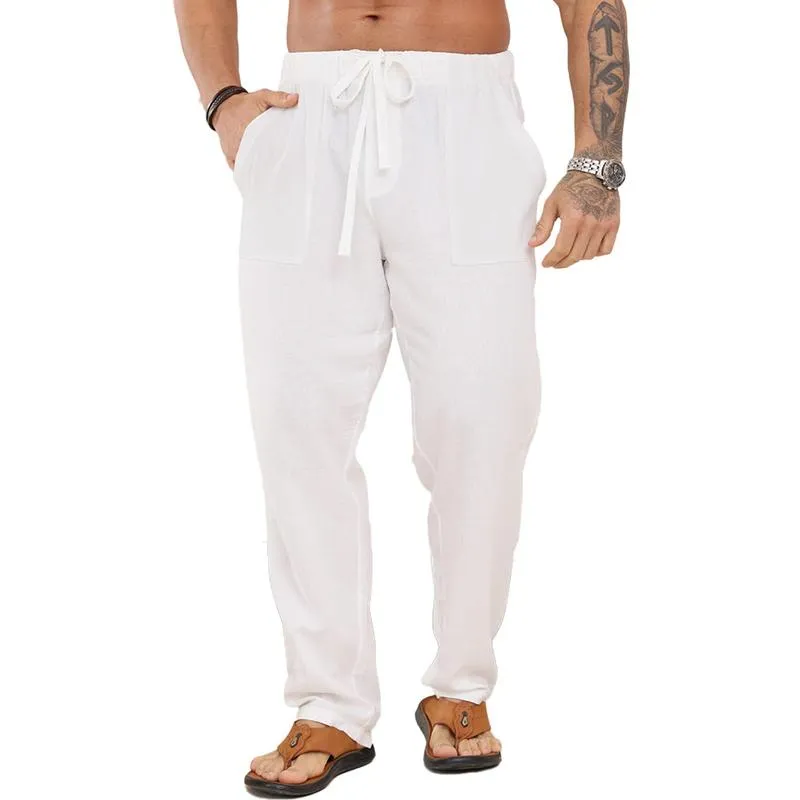 Men's Solid Cotton And Linen Drawstring Elastic Waist Casual Pants 51036837Z sold by Manly
