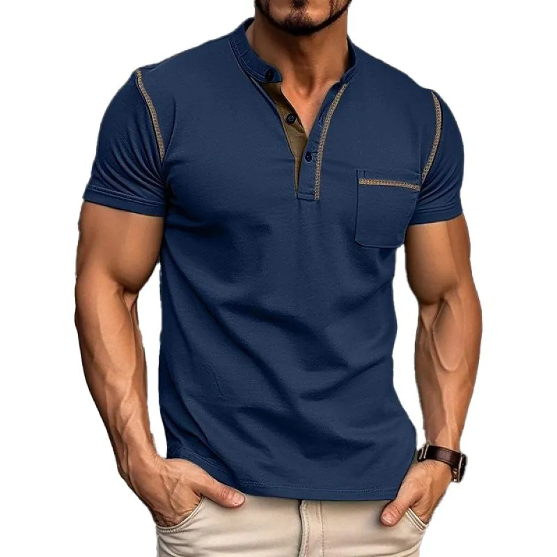 【24-hour shipping out】Men's Casual Colorblock Henley Collar Cotton Short Sleeve T-Shirt 53275107Y sold by Manly