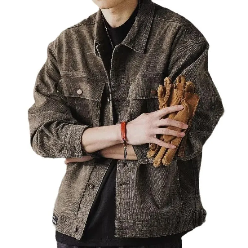 Men's Vintage Loose Solid Denim Workwear Jacket with Lapel 72786024X sold by Manly