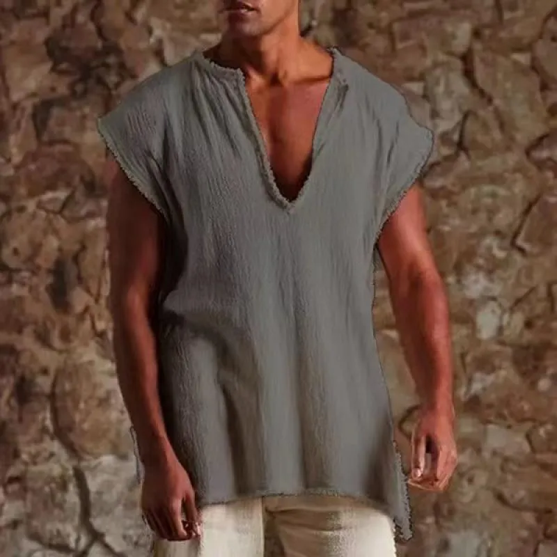 Men's Vintage V-Neck Solid Color Raw Edge Loose Tank Top 69053729M sold by Manly product image thumbnail 2