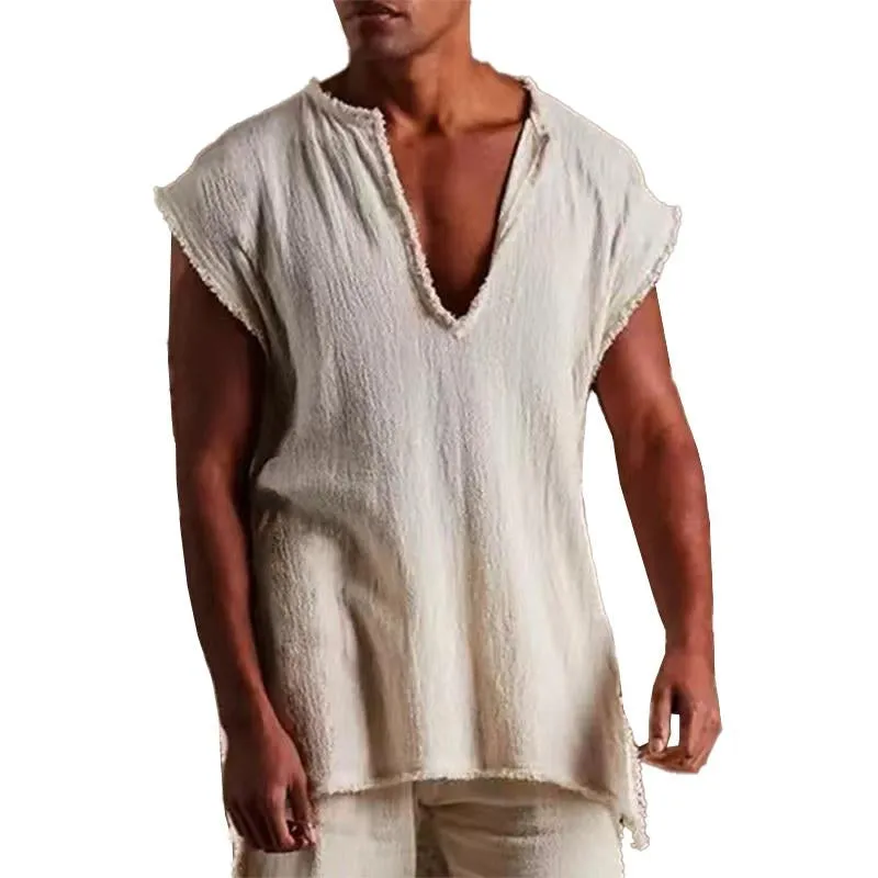 Men's Vintage V-Neck Solid Color Raw Edge Loose Tank Top 69053729M sold by Manly