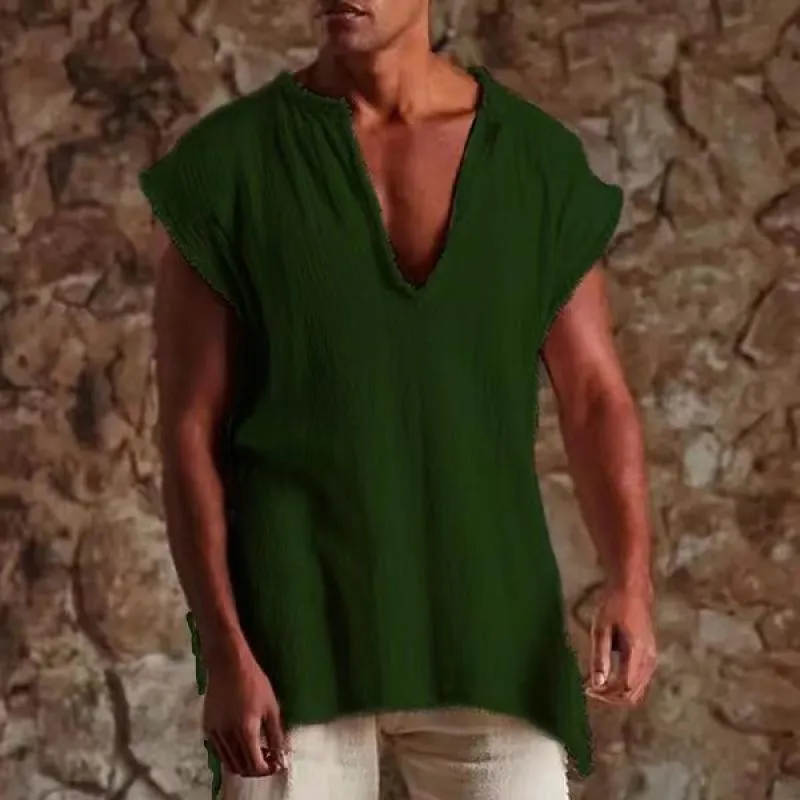 Men's Vintage V-Neck Solid Color Raw Edge Loose Tank Top 69053729M sold by Manly product image thumbnail 4