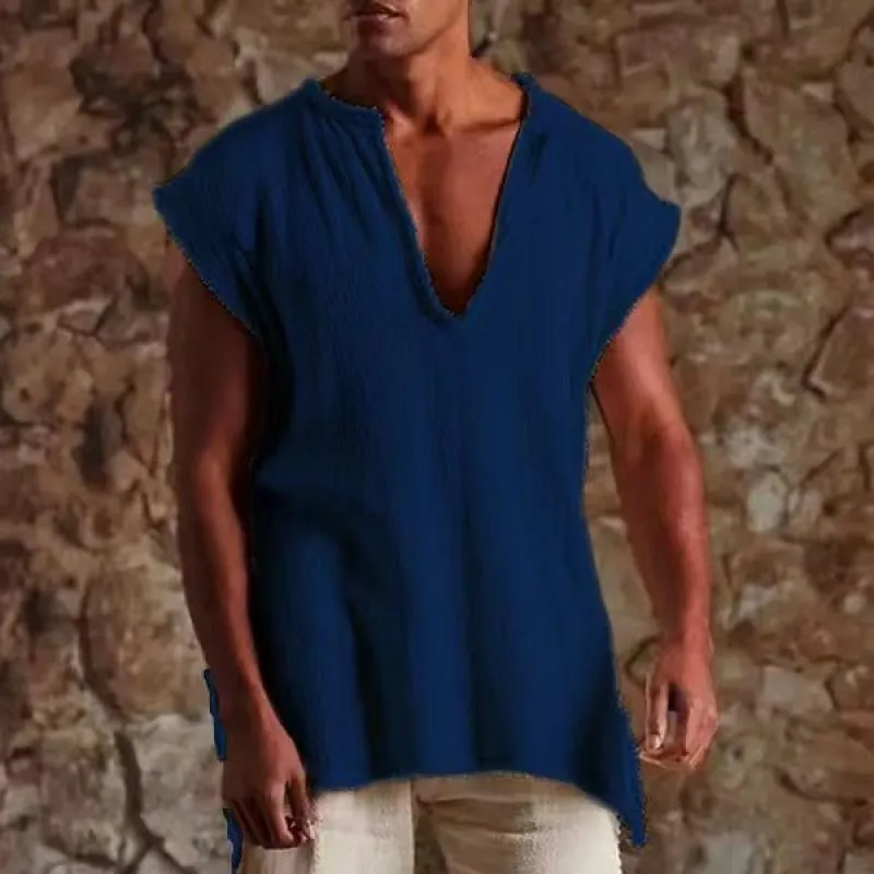 Men's Vintage V-Neck Solid Color Raw Edge Loose Tank Top 69053729M sold by Manly product image thumbnail 3