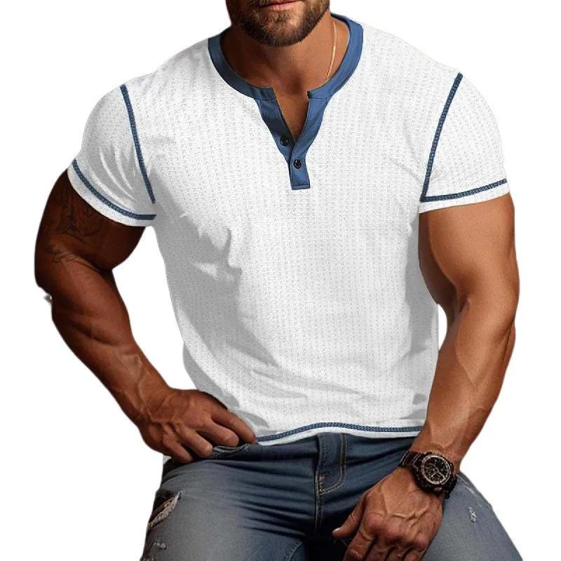 Men's Vintage Colorblock Waffle Henley Neck Short Sleeve T-Shirt 36300260M sold by Manly