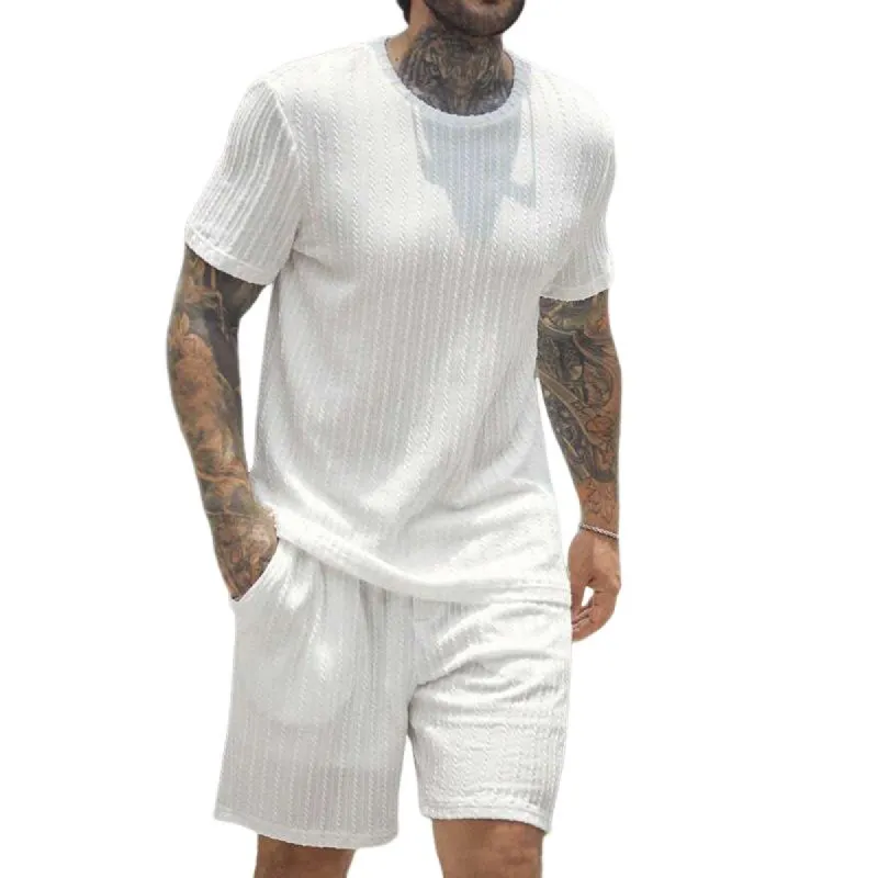 Men's Vertical Pattern Solid Color Round Neck Short-Sleeved T-Shirt Shorts Set 56251983Y sold by Manly