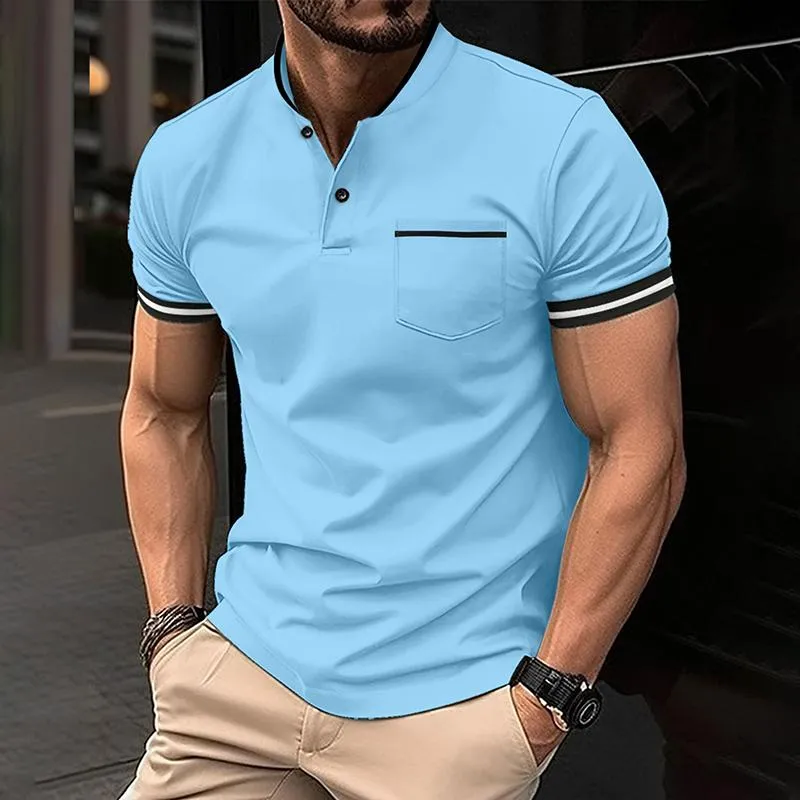 Men's Striped Stitching Stand Collar Short Sleeve Casual Polo Shirt 04013887Z sold by Manly product image thumbnail 5