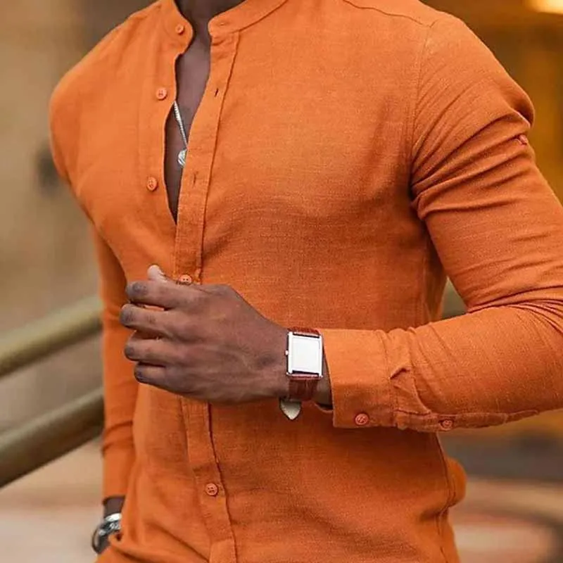 Men's Solid Color Long Sleeve Single Breasted Casual Stand Collar Shirt 30485623X sold by Manly product image thumbnail 2