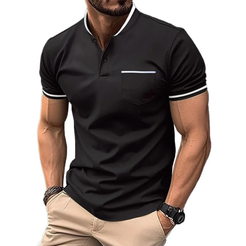 Men's Striped Stitching Stand Collar Short Sleeve Casual Polo Shirt 04013887Z sold by Manly