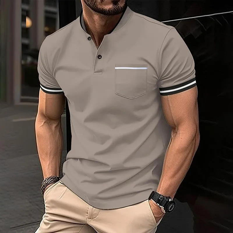 Men's Striped Stitching Stand Collar Short Sleeve Casual Polo Shirt 04013887Z sold by Manly product image thumbnail 3