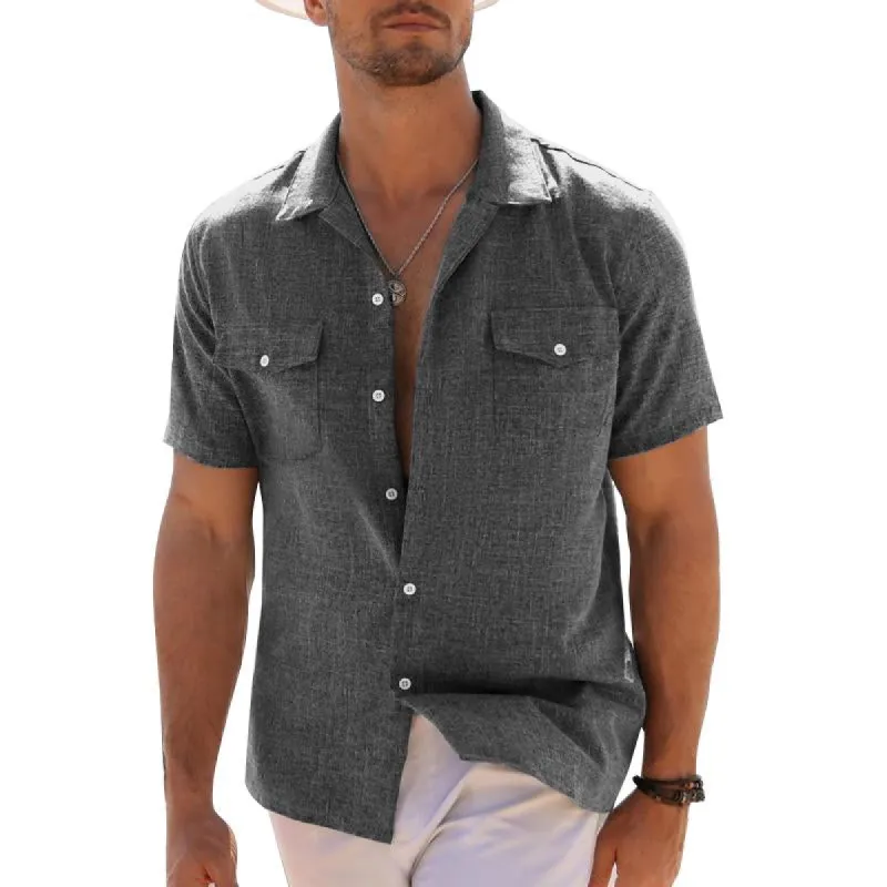 Men's Casual Linen Solid Color Lapel Short-Sleeved Shirt 89235843Y sold by Manly