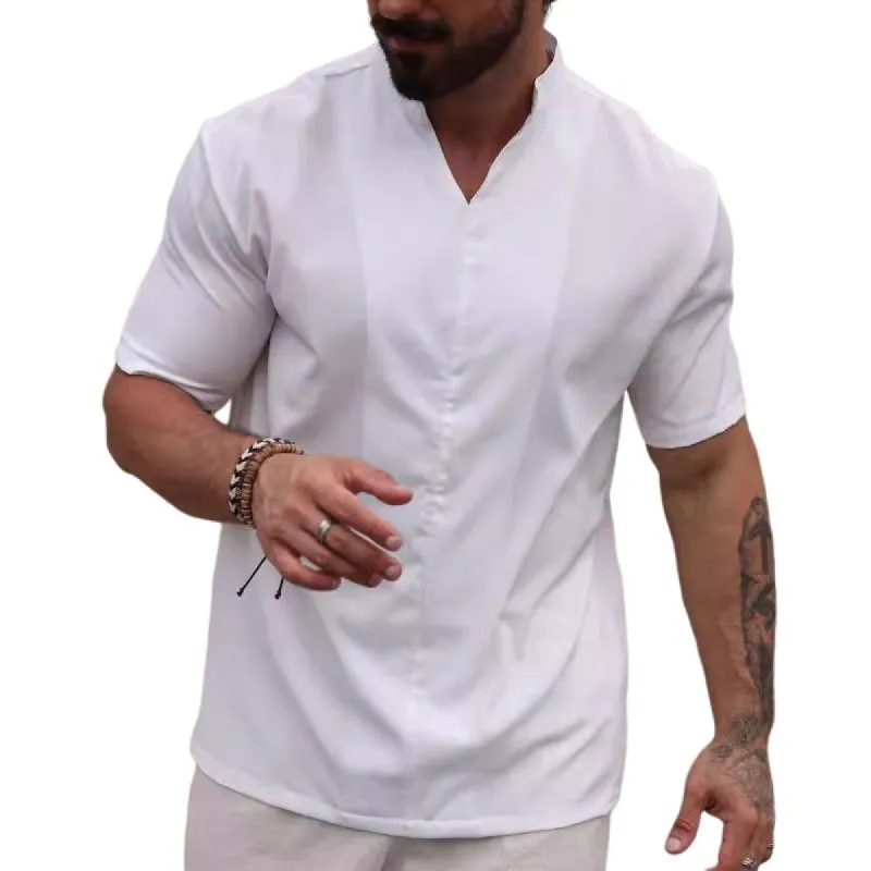 Men's Casual Loose Stand Collar Short Sleeve Solid Color Shirt 15579385X sold by Manly
