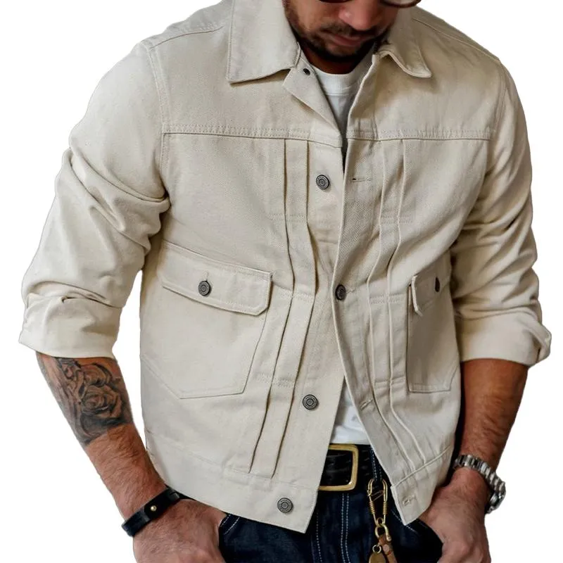 Men's Vintage Lapel Single Breasted Denim Cargo Jacket 30212092Z sold by Manly