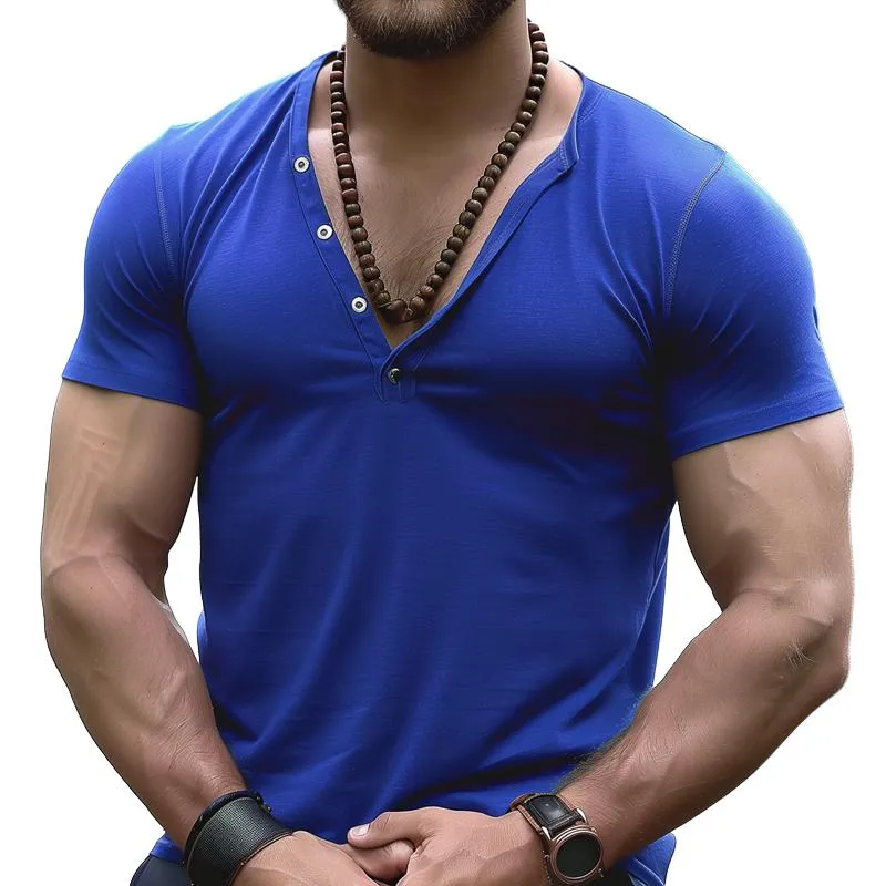 Men's Solid Henley Collar Short Sleeve T-shirt 42306092Z | Parallel