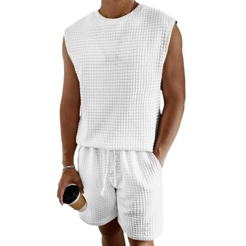 Men's Small Square Textured Sleeveless Tank Top Shorts Casual Set 40973426Z made by Manly