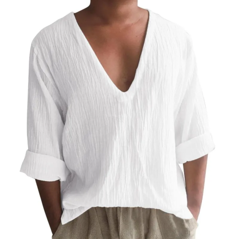 Men's V Neck Long Sleeve Washed Cotton Shirt 84384967Z sold by Manly