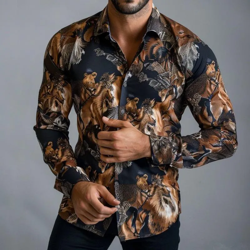 Men's Retro Casual Print Lapel Long Sleeve Shirt 38936267TO sold by Manly product image thumbnail 2