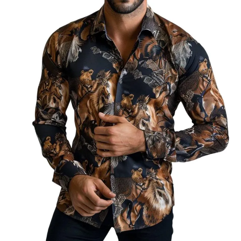 Men's Retro Casual Print Lapel Long Sleeve Shirt 38936267TO sold by Manly