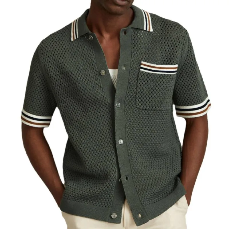 Men's Retro Hollow Lapel Knitted Cardigan Short Sleeve Polo Shirt 87020962Y sold by Manly
