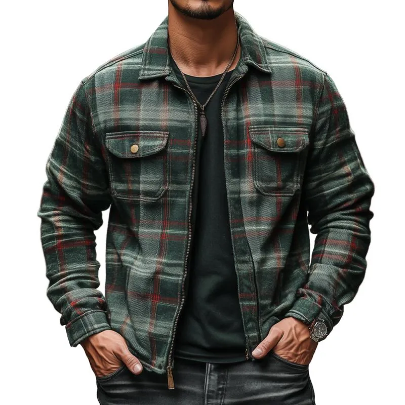 Men's Vintage Check Flannel Lapel Chest Pocket Zipper Jacket 47948660Z sold by Manly