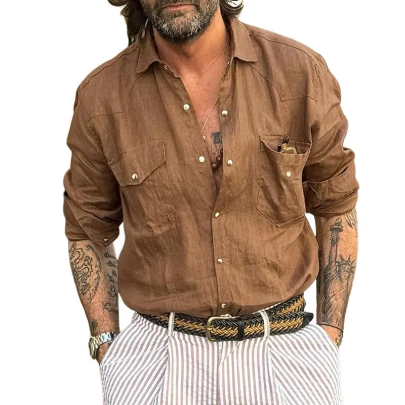 Men's Retro Casual Classic Solid Color Lapel Long Sleeve Shirt 48448930TO sold by Manly