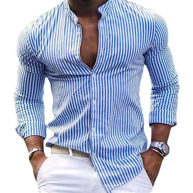 Men's Stripe Print Casual Fashion Stand Collar Shirt 14381228X sold by Manly