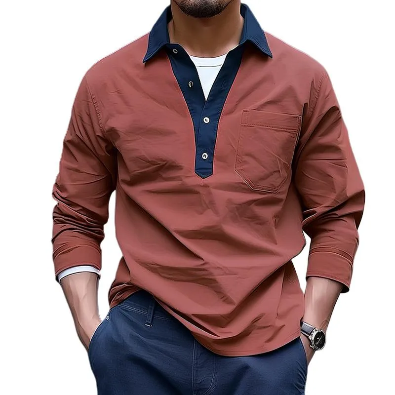 Men's Retro Casual Colorblock Lapel Pocket Shirt 82380045TO sold by Manly