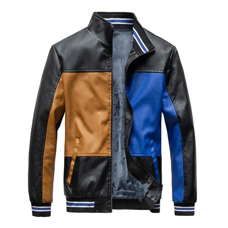 Men's Fashion Color Block Stand Collar Fleece Warm Motorcycle Leather Jacket 74032046M sold by Manly