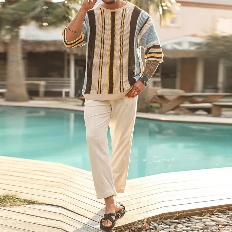 Men's Casual Round Neck Half Sleeve Contrasting Color Striped Knitted Sweater 97152434M sold by Manly product image thumbnail 4