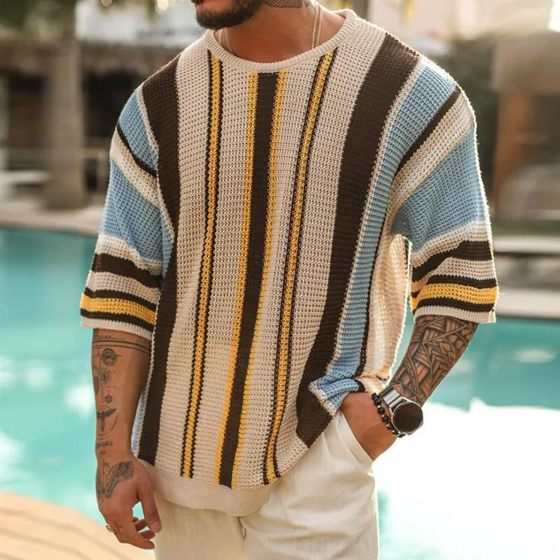 Men's Casual Round Neck Half Sleeve Contrasting Color Striped Knitted Sweater 97152434M sold by Manly product image thumbnail 3