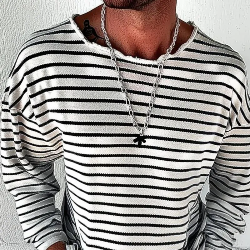 Men's Striped Round Neck Long Sleeve Loose T-shirt 42567726Z sold by Manly product image thumbnail 3