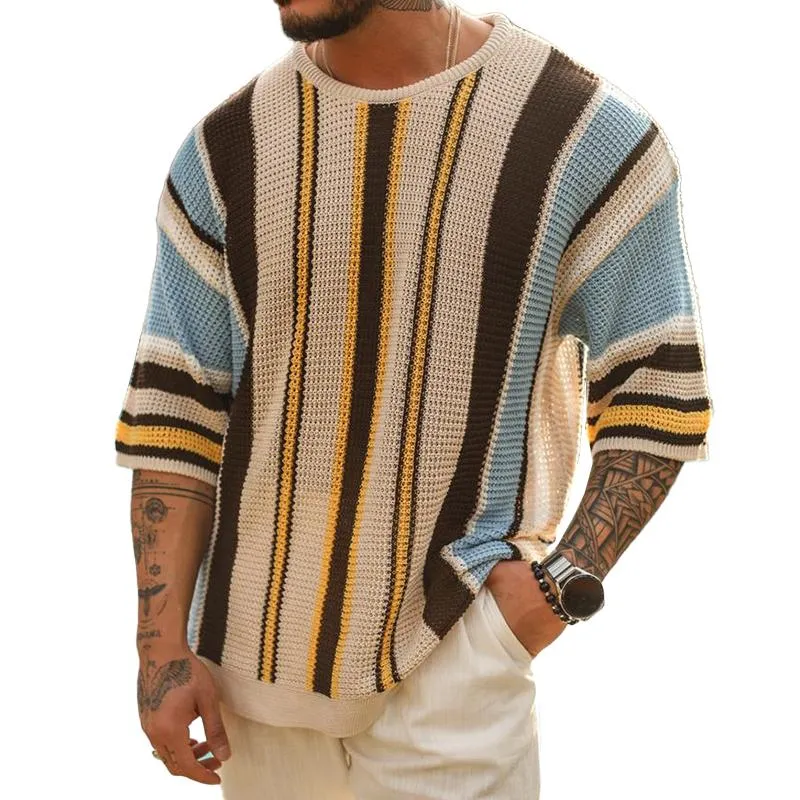 Men's Casual Round Neck Half Sleeve Contrasting Color Striped Knitted Sweater 97152434M sold by Manly