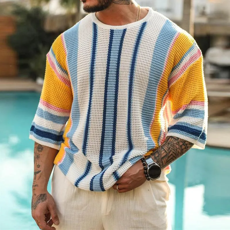 Men's Casual Round Neck Half Sleeve Contrasting Color Striped Knitted Sweater 97152434M sold by Manly product image thumbnail 5