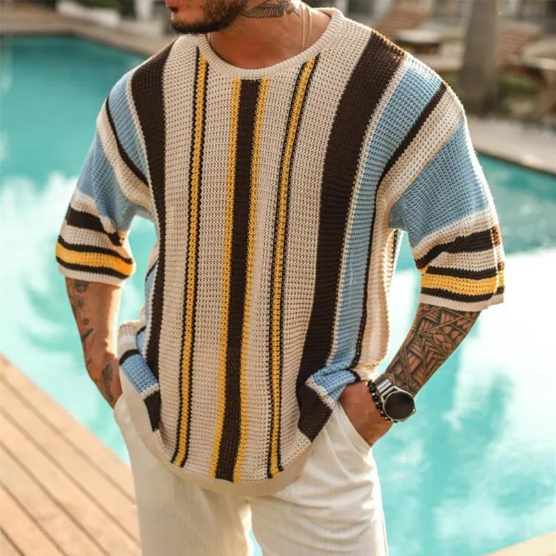 Men's Casual Round Neck Half Sleeve Contrasting Color Striped Knitted Sweater 97152434M sold by Manly product image thumbnail 2