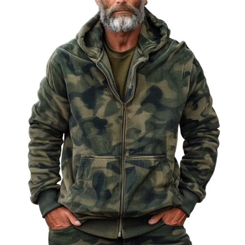 Men's Camo Corduroy Loose Hooded Long Sleeve Zip Casual Jacket  97138257Z sold by Manly