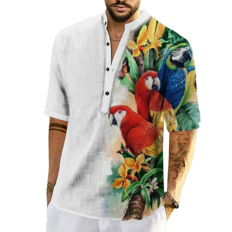 Men's Printed Slub Linen Stand Collar Thin Short Sleeve Shirt 04274316X sold by Manly