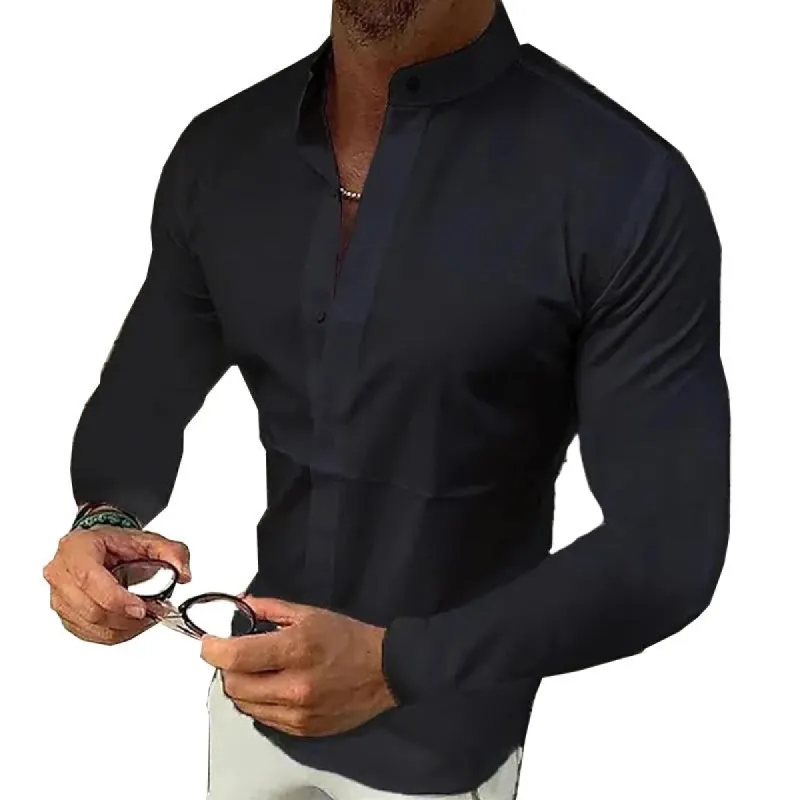 Men's Stand Collar Solid Color Long Sleeve Shirt 66471740X made by Manly