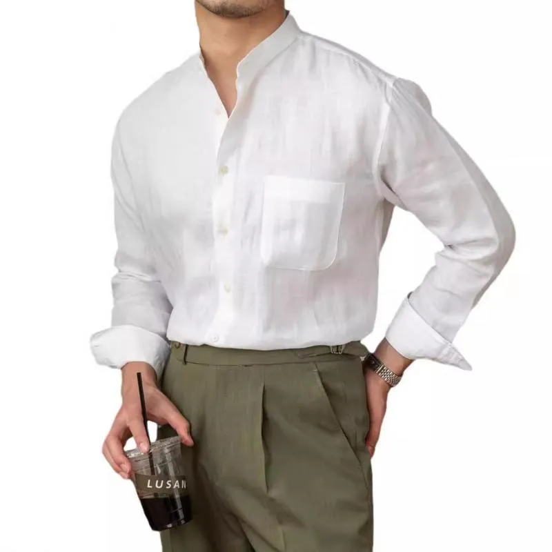 Men's Solid Color Linen Stand Collar Long Sleeve Shirt 09531051Z sold by Manly